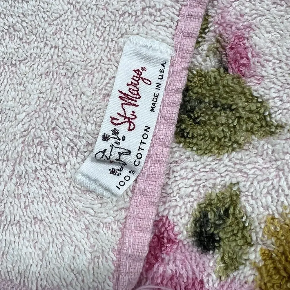 Set 2 Vtg st Marys Pink Green Floral Rose Bath Hand Towels Fringe Cotton 18x24